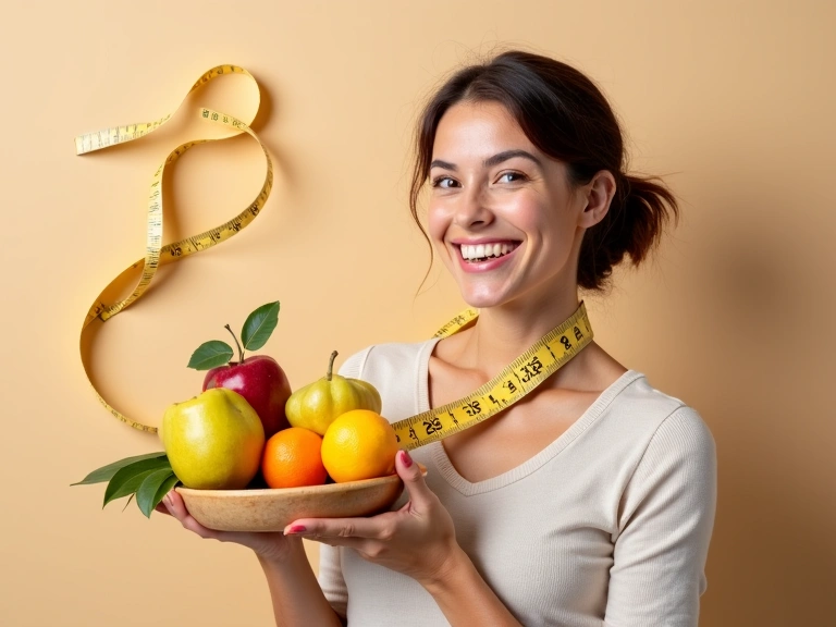 Healthy food, measuring tape, and a happy person, in an elegant style. No text.