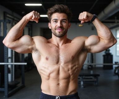 Muscular man in athletic wear, celebrating a workout achievement, symbolizing increased strength and performance.