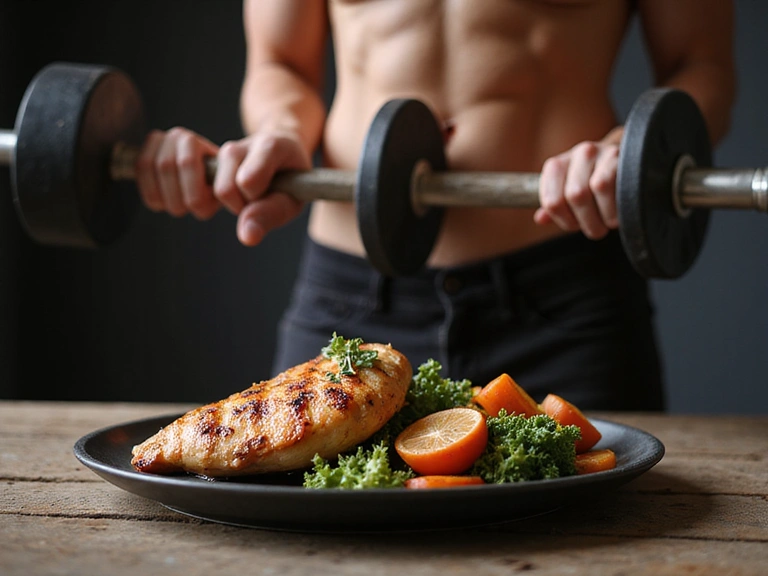 Weights, protein-rich food, and a strong person, in an an elegant style. No text.
