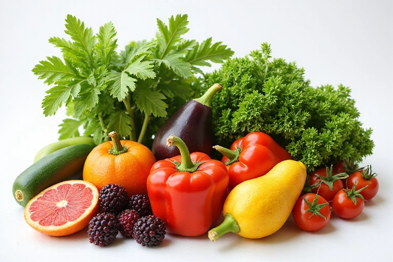 Zdjęcie przedstawiające różnorodne świeże warzywa i owoce, symbolizujące zdrową dietę.