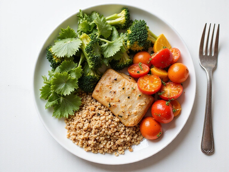 Elegancko skomponowany zdrowy posiłek na talerzu, z warzywami, białkiem i pełnoziarnistymi produktami, symbolizujący zbilansowaną dietę.